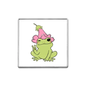 Cute cartoon frog metal brooch pin featuring a fun flower hat design for apparel decoration.