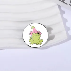 Cute cartoon frog metal brooch with flower wizard hat, enamel pin badge for clothes and bags.