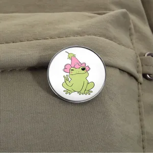 Cute cartoon frog metal brooch pin featuring a cute wizard hat design for backpack decor