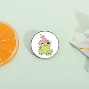 Cute Cartoon Frog Enamel Pin Zinc Alloy Electroplated Floral Witch Hat Lapel Badge For Backpack Clothing Accessory Gift