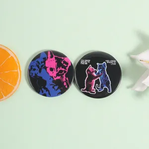 Retro pink and blue cat pattern round metal brooch pin badge set for backpack clothes decor.