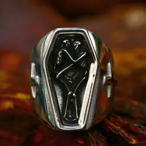 Vintage Gothic Punk Stainless Steel Vampire Coffin Skull Ring For Men Distressed Carved Cross Ring Halloween Party Jewelry
