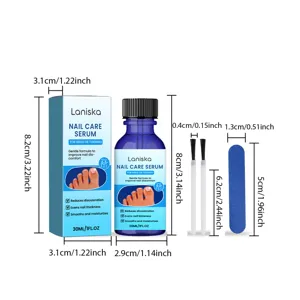 LANISKA nail care serum detail view showing product dimensions, bottle, box, brushes and file.