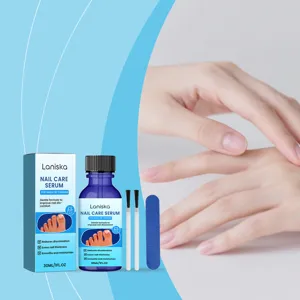 Detail view of Laniska nail care serum 30ml set with bottle, box, brushes, and nail file.