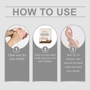 Detail view showing step-by-step instructions for using the moisturizing hand mask.