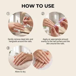 Cuticle oil pen usage instruction detail showing step-by-step nail care and moisturizing.