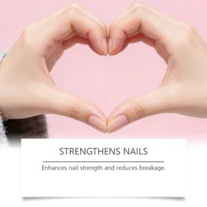 Detailed view of healthy manicured nails in heart hand gesture showcasing nail strengthening care.