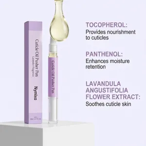 Détail du stylo huile cuticules Nymixa présentant des ingrédients nourrissants et faciles.