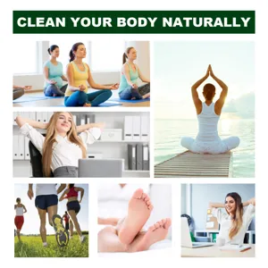 Herbal foot patch detail view showing relaxing yoga, running, and natural body care scenes.
