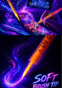 Dual-head UV glow body paint pens set, neon fluorescent markers for party makeup and art.