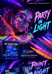 Detail shot showing vibrant UV glow face and body paint pens with stunning fluorescent effects.