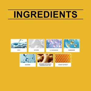 Detailed ingredient chart showing aqua, glycerin, ginger root oil and honey extract.