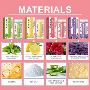 Gráfico de detalle de sal de baño para pies OceAura con extractos botánicos naturales puros.