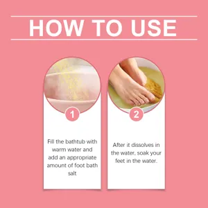 Instrucciones de uso de sal de baño de limón para pies suaves y un cuidado relajante.