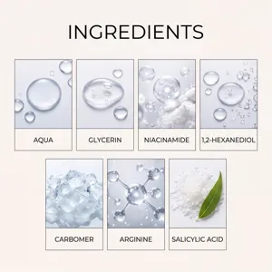 Detailed product ingredients chart showcasing active skincare components like niacinamide and glycerin.