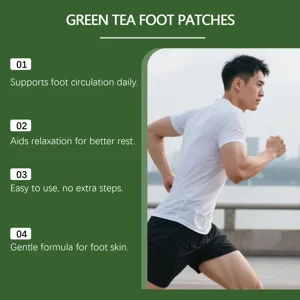 Patchs de pieds au thé vert détail montrant la relaxation quotidienne et le soin doux.