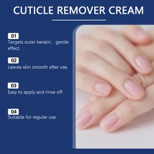Detail view of cuticle remover cream showing clean manicured hands and application features.