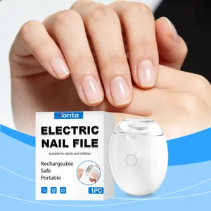 Electric nail file detail showing rechargeable portable trimmer device and elegant hand model display.