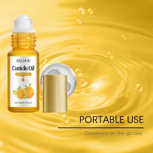 Portable cuticle oil detail showing roll-on design and orange nourishment for nail care.