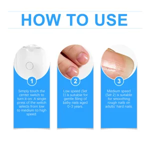 Detail view showing electric nail file usage steps, adjustable speed settings for baby and adults.