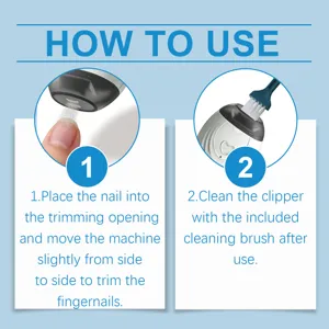 Detailed instruction graphic showing how to use the electric nail clipper and cleaning brush.