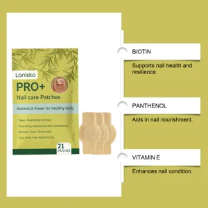 LANISKA nail care patches detail view showing botanical formula ingredients for healthy nails.