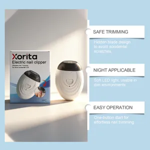 Xorita electric nail clipper detail view showing hidden blade, LED light and easy one-button start.