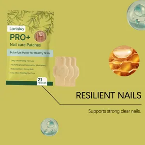 Laniska nail care patches detail view showcasing botanical formula and 21 patches packaging.
