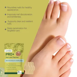 Detail view of toe nail care patches showing packaging and healthy foot application results.