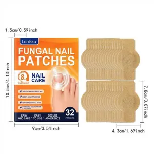 Detail view of LANISKA fungal nail patches box and breathable patch layout with sizing specs.