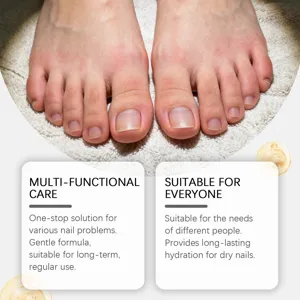 Nail care solution with gentle formula, providing long-lasting hydration for dry nails.