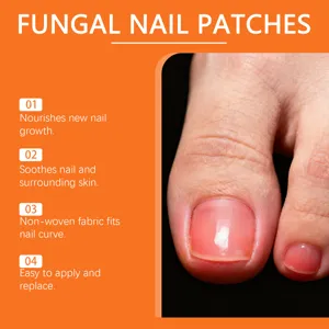Detail view of fungal nail patches showing breathable non-woven fabric and key care features.