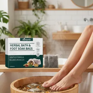 Kruiden voetbadzakjes in badkamer, natuurlijke formule voor dagelijkse voetverzorging.