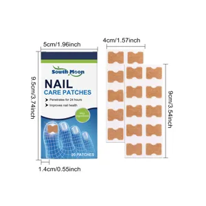Vue détaillée des patchs de soin des ongles South Moon avec dimensions et emballage.