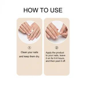 Graphique d'instructions pour patchs de soins des ongles, nettoyer et appliquer 6 à 8 heures.
