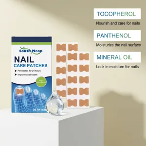 Détail des patches de soin pour ongles South Moon avec boîte et feuilles nutritives.