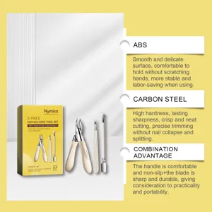 Nymixa 3-piece cuticle care tool set detail showing ABS handle and carbon steel blades.