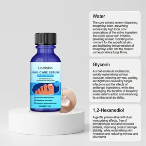Nail care serum detail showing active ingredients water glycerin and 1,2-hexanediol formula.