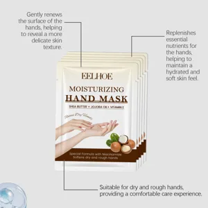 Detailed view of moisturizing hand mask with nourishing shea butter, jojoba oil, and vitamin E.