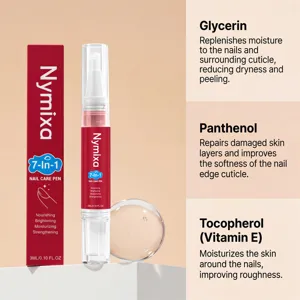 Nymixa 7-in-1 nagelverzorgingspen detailweergave met voedende ingrediënten en hydratatie.