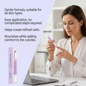 Close-up detail of cuticle oil pen application in office scene, gentle formula for nail care.