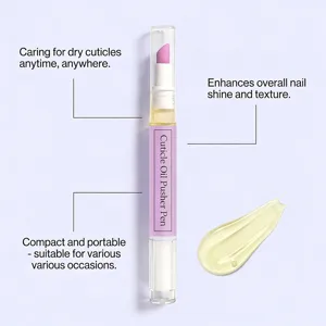 Portable cuticle oil pusher pen detail showing nourishing liquid formula and nail care features.