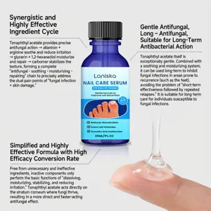 Close up detail view of Laniska nail care serum dropper dispensing clear liquid onto fingertip.