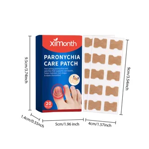Detail view of paronychia care patch box and sheet layout with precise size dimensions.