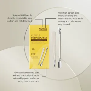 Nymixa cuticle prep duo set professional manicure tool with ABS handle and steel blade.