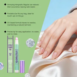 Detail view of cuticle oil pen and manicured nails, portable nourishing care for dry nails.