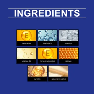 Product ingredient details showing tocopherol, panthenol, allantoin, and soft non-woven fabric.