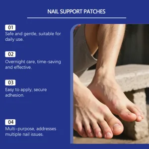 Nail support patches detail view showing overnight gentle care, easy application and secure hold.