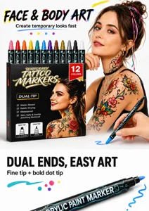 Professional dual-tip temporary tattoo markers for face and body art painting, waterproof design.