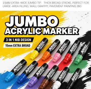 Λεπτομέρεια μαρκαδόρων ακρυλικού jumbo 15mm με πλατιά μύτη 3 σε 1 και ποικιλία χρωμάτων.